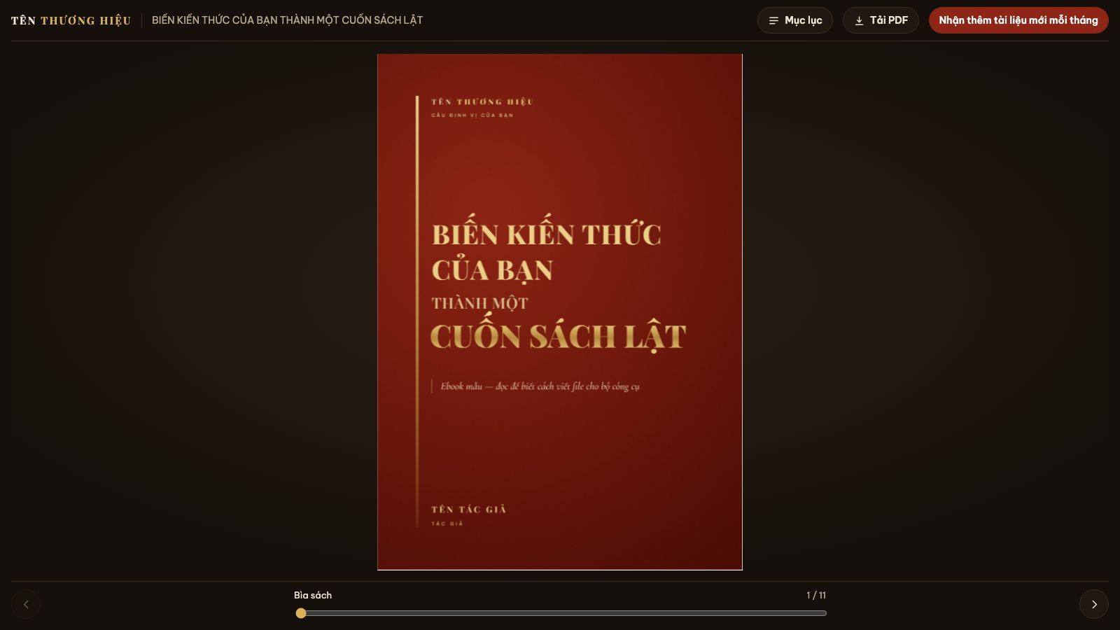 Trang đọc sách lật trên máy tính: bìa đứng giữa, nút Mục lục, Tải PDF và nút mời