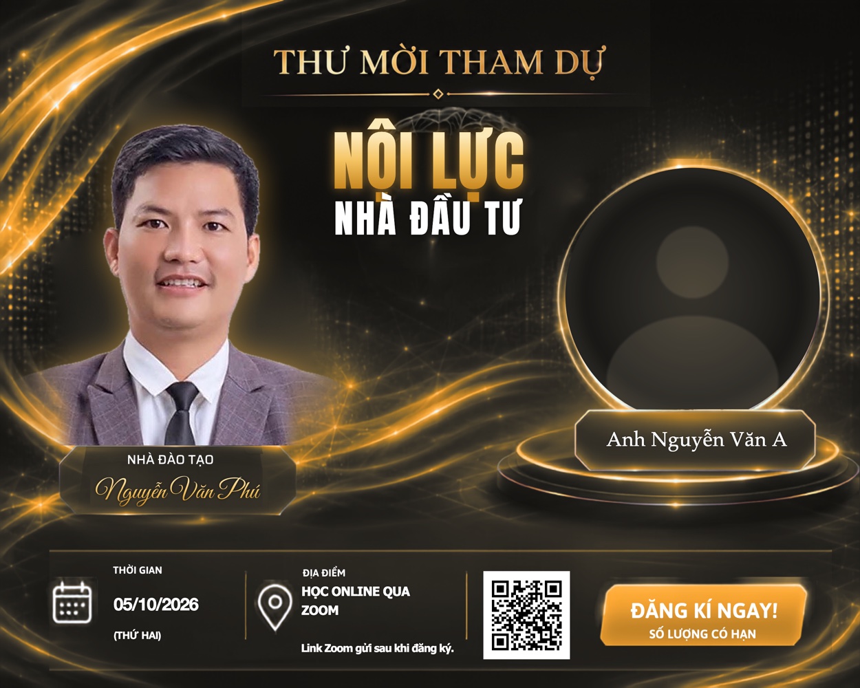 Thiệp mời mẫu: nhà đào tạo bên trái, khung tròn ảnh khách bên phải, tên chương trình, thời gian, địa điểm, mã QR